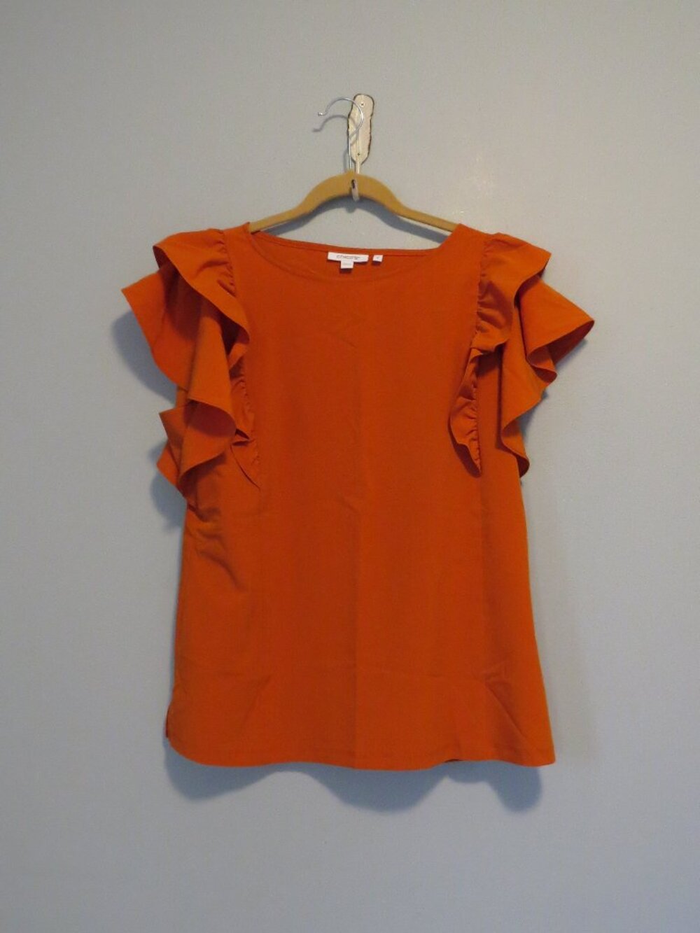 Chico's Orange Ruffle Short Sleeve Crew Neck Top Blouse Sz 1 or 8